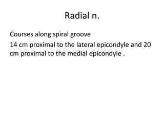 Radial n.
Courses along spiral groove
14 cm proximal to the lateral epicondyle and 20
cm proximal to the medial epicondyle .
 
