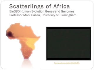 Scatterlings of Africa  Bio380 Human Evolution Genes and Genomes Professor Mark Pallen, University of Birmingham http://youtube.com/watch?v=GOoVjXx0bPk 