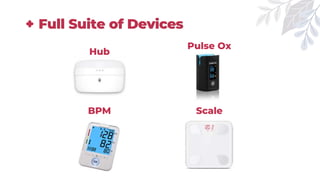Full Suite of Devices
Pulse Ox
Hub
BPM Scale
 