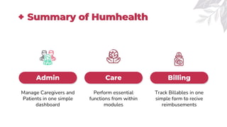 Summary of Humhealth
Admin
Manage Caregivers and
Patients in one simple
dashboard
Care
Perform essential
functions from within
modules
Billing
Track Billables in one
simple form to recive
reimbusements
 