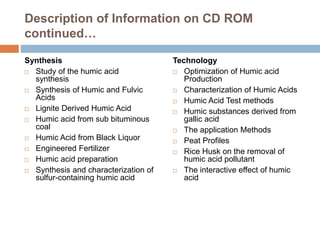 Description of Information on CD ROM
continued…
Synthesis
 Study of the humic acid
synthesis
 Synthesis of Humic and Fulvic
Acids
 Lignite Derived Humic Acid
 Humic acid from sub bituminous
coal
 Humic Acid from Black Liquor
 Engineered Fertilizer
 Humic acid preparation
 Synthesis and characterization of
sulfur-containing humic acid
Technology
 Optimization of Humic acid
Production
 Characterization of Humic Acids
 Humic Acid Test methods
 Humic substances derived from
gallic acid
 The application Methods
 Peat Profiles
 Rice Husk on the removal of
humic acid pollutant
 The interactive effect of humic
acid
 