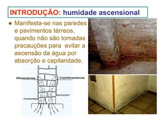 INTRODUÇÃO: humidade ascensional
Manifesta-se nas paredes
e pavimentos térreos,
quando não são tomadas
precauções para evitar a
ascensão da água por
absorção e capilaridade.
Eflorescências

Criptoflorescências

 