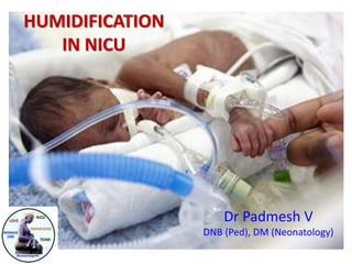 HUMIDIFICATION
IN NICU
Dr Padmesh V
DNB (Ped), DM (Neonatology)
 