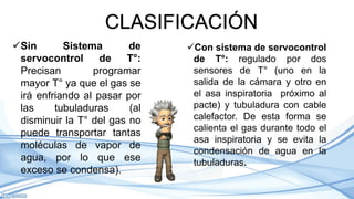 ✓Sin Sistema de
servocontrol de T°:
Precisan programar
mayor T° ya que el gas se
irá enfriando al pasar por
las tubuladuras (al
disminuir la T° del gas no
puede transportar tantas
moléculas de vapor de
agua, por lo que ese
exceso se condensa).
✓Con sistema de servocontrol
de T°: regulado por dos
sensores de T° (uno en la
salida de la cámara y otro en
el asa inspiratoria próximo al
pacte) y tubuladura con cable
calefactor. De esta forma se
calienta el gas durante todo el
asa inspiratoria y se evita la
condensación de agua en la
tubuladuras.
CLASIFICACIÓN
 
