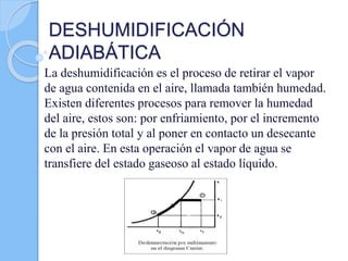 DESHUMIDIFICACIÓN
ADIABÁTICA
La deshumidificación es el proceso de retirar el vapor
de agua contenida en el aire, llamada también humedad.
Existen diferentes procesos para remover la humedad
del aire, estos son: por enfriamiento, por el incremento
de la presión total y al poner en contacto un desecante
con el aire. En esta operación el vapor de agua se
transfiere del estado gaseoso al estado líquido.
 