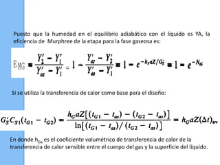 Puesto que la humedad en el equilibrio adiabático con el líquido es YA, la
eficiencia de Murphree de la etapa para la fase gaseosa es:
Si se utiliza la transferencia de calor como base para el diseño:
En donde hGa es el coeficiente volumétrico de transferencia de calor de la
transferencia de calor sensible entre el cuerpo del gas y la superficie del líquido.
 