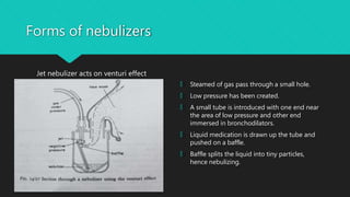 Forms of nebulizers
Jet nebulizer acts on venturi effect
🞅 Steamed of gas pass through a small hole.
🞅 Low pressure has been created.
🞅 A small tube is introduced with one end near
the area of low pressure and other end
immersed in bronchodilators.
🞅 Liquid medication is drawn up the tube and
pushed on a baffle.
🞅 Baffle splits the liquid into tiny particles,
hence nebulizing.
 