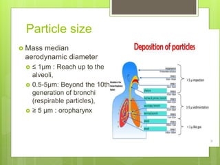 Particle size
 Mass median
aerodynamic diameter
 ≤ 1μm : Reach up to the
alveoli,
 0.5-5μm: Beyond the 10th
generation of bronchi
(respirable particles),
 ≥ 5 μm : oropharynx
 