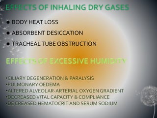  BODY HEAT LOSS
 ABSORBENT DESICCATION
 TRACHEALTUBE OBSTRUCTION
EFFECTS OF INHALING DRY GASES
 