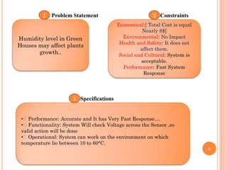 1 Problem Statement                            2 Constraints
                                         Economical:[ Total Cost is equal
                                                    Nearly 8$]
Humidity level in Green                    Environmental: No Impact
                                          Health and Safety: It does not
Houses may affect plants
                                                   affect them.
       growth..                           Social and Cultural: System is
                                                   acceptable.
                                            Performance: Fast System
                                                    Response




                      3 Specifications


 •Performance: Accurate and It has Very Fast Response....
 •Functionality: System Will check Voltage across the Sensor ,so
 valid action will be done
 •Operational: System can work on the environment on which
 temperature lie between 10 to 60°C.
                                                                            4
 