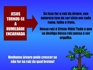 JESUS TORNOU-SE A HUMILDADE ENCARNADA Se isso for a raiz da árvore, sua natureza tem de ser vista em cada ramo, folha e fruto.  Nossa raiz é Cristo-Vida! Tudo o que se desliga dessa raiz passa a ser orgulho. Nenhuma árvore pode crescer se não for na raiz da qual brotou! 