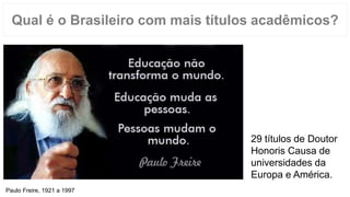 29 títulos de Doutor
Honoris Causa de
universidades da
Europa e América.
Qual é o Brasileiro com mais títulos acadêmicos?
Paulo Freire, 1921 a 1997
 
