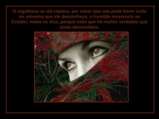 O orgulhoso se diz céptico, por achar que não pode haver nada
no universo que ele desconheça, o humilde reverencia ao
Criador, todos os dias, porque sabe que há muitas verdades que
ainda desconhece.
 