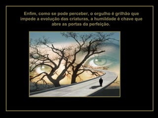 Enfim, como se pode perceber, o orgulho é grilhão que
impede a evolução das criaturas, a humildade é chave que
abre as portas da perfeição.
 