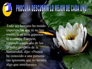 PROCURA DESCUBRIR LO MEJOR DE CADA UNO.  Todo ser humano ha tenido experiencias que tú no has tenido, y en esos aspectos te aventaja. Einstein, reputado como uno de los grandes cerebros de la humanidad, dijo: «Nunca he conocido a una persona tan ignorante que no tuviera algo que enseñarme». Visita:  www.RenuevoDePlenitud.com 1 