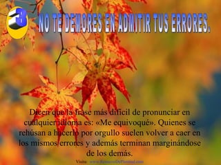 NO TE DEMORES EN ADMITIR TUS ERRORES. Dicen que la frase más difícil de pronunciar en cualquier idioma es: «Me equivoqué». Quienes se rehúsan a hacerlo por orgullo suelen volver a caer en los mismos errores y además terminan marginándose de los demás. Visita:  www.RenuevoDePlenitud.com 3 