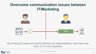 242017 ? Humix, all rights reserved
Overcome communication issues between
IT/Marketing
TMS
By dividing the tasks and clearly defining role responsibilities, each team can
focus on its own expertise.
 