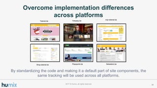 Overcome implementation differences
across platforms
262017 ? Humix, all rights reserved
Shop.telenet.be Playsports.be Netweters.be
mijn.telenet.be
Yeloplay.beTelenet.be
By standardizing the code and making it a default part of site components, the
same tracking will be used across all platforms.
 