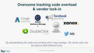 Overcome tracking code overload
& vendor lock-in
272017 ? Humix, all rights reserved
Adobe
Audience Manage
r
By standardizing the code and working with a tag manager, the same code can
be used to feed different tools.
 