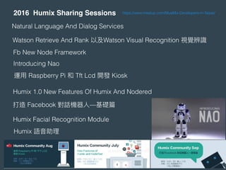 2016 Humix Sharing Sessions
Watson Retrieve And Rank 以及Watson Visual Recognition 視覺辨識
運⽤用 Raspberry Pi 和 Tft Lcd 開發 Kiosk
Humix 語⾳音助理理
Humix Facial Recognition Module
https://www.meetup.com/BlueMix-Developers-in-Taipei/
打造 Facebook 對話機器⼈人—基礎篇
Humix 1.0 New Features Of Humix And Nodered
Introducing Nao
Fb New Node Framework
Natural Language And Dialog Services
 