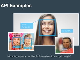 API Examples
http://blog.mashape.com/list-of-10-face-detection-recognition-apis/
 