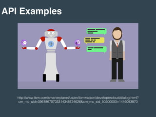 API Examples
http://www.ibm.com/smarterplanet/us/en/ibmwatson/developercloud/dialog.html?
cm_mc_uid=09618670703314348724626&cm_mc_sid_50200000=1446093870
 