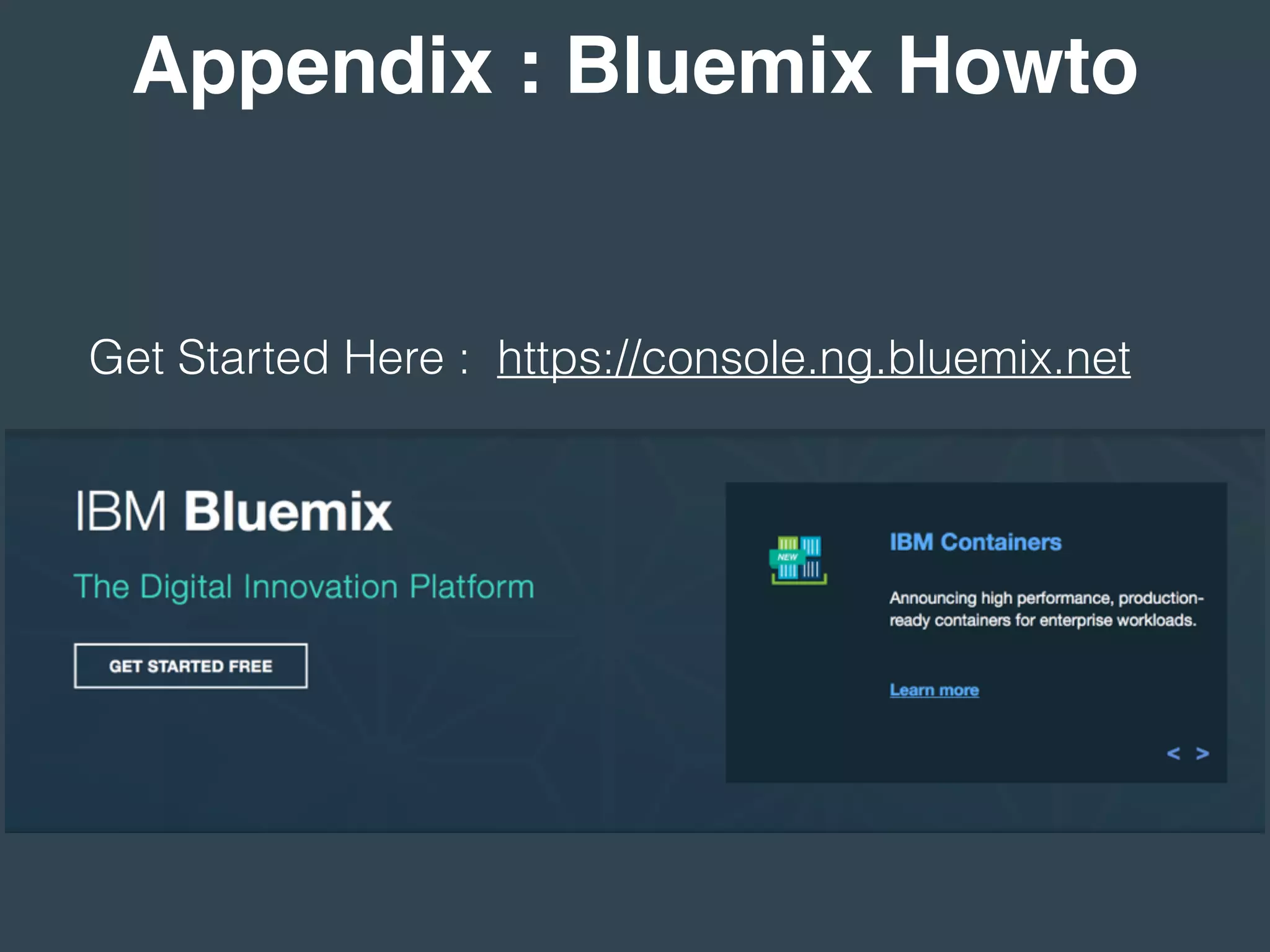 Appendix : Bluemix Howto
Get Started Here : https://console.ng.bluemix.net
 