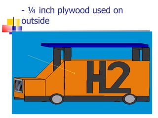 - ¼ inch plywood used on outside (place a picture of the structure of the hummer here) 