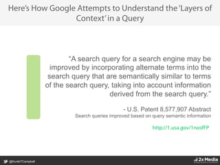 @KunleTCampbell
Here’s How Google Attempts to Understand the‘Layers of
Context’in a Query
“A search query for a search engine may be
improved by incorporating alternate terms into the
search query that are semantically similar to terms
of the search query, taking into account information
derived from the search query.”
- U.S. Patent 8,577,907 Abstract
Search queries improved based on query semantic information
http://1.usa.gov/1nosfFP
 