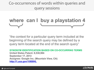 @KunleTCampbell
“the context for a particular query term included at the
beginning of the search query may be defined by a
query term located at the end of the search query”
Co-occurrences of words within queries and
query sessions
SYNONYM IDENTIFICATION BASED ON CO-OCCURRING TERMS
United States Patent: 8,538,984
September 17, 2013
Assignee: Google Inc. (Mountain View, CA)
http://1.usa.gov/1i900HL
where can I buy a playstation 4
 