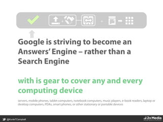 @KunleTCampbell
Google is striving to become an
Answers’Engine – rather than a
Search Engine
with is gear to cover any and every
computing device
+	
   +	
  
servers, mobile phones, tablet computers, notebook computers, music players, e-book readers, laptop or
desktop computers, PDAs, smart phones, or other stationary or portable devices
 