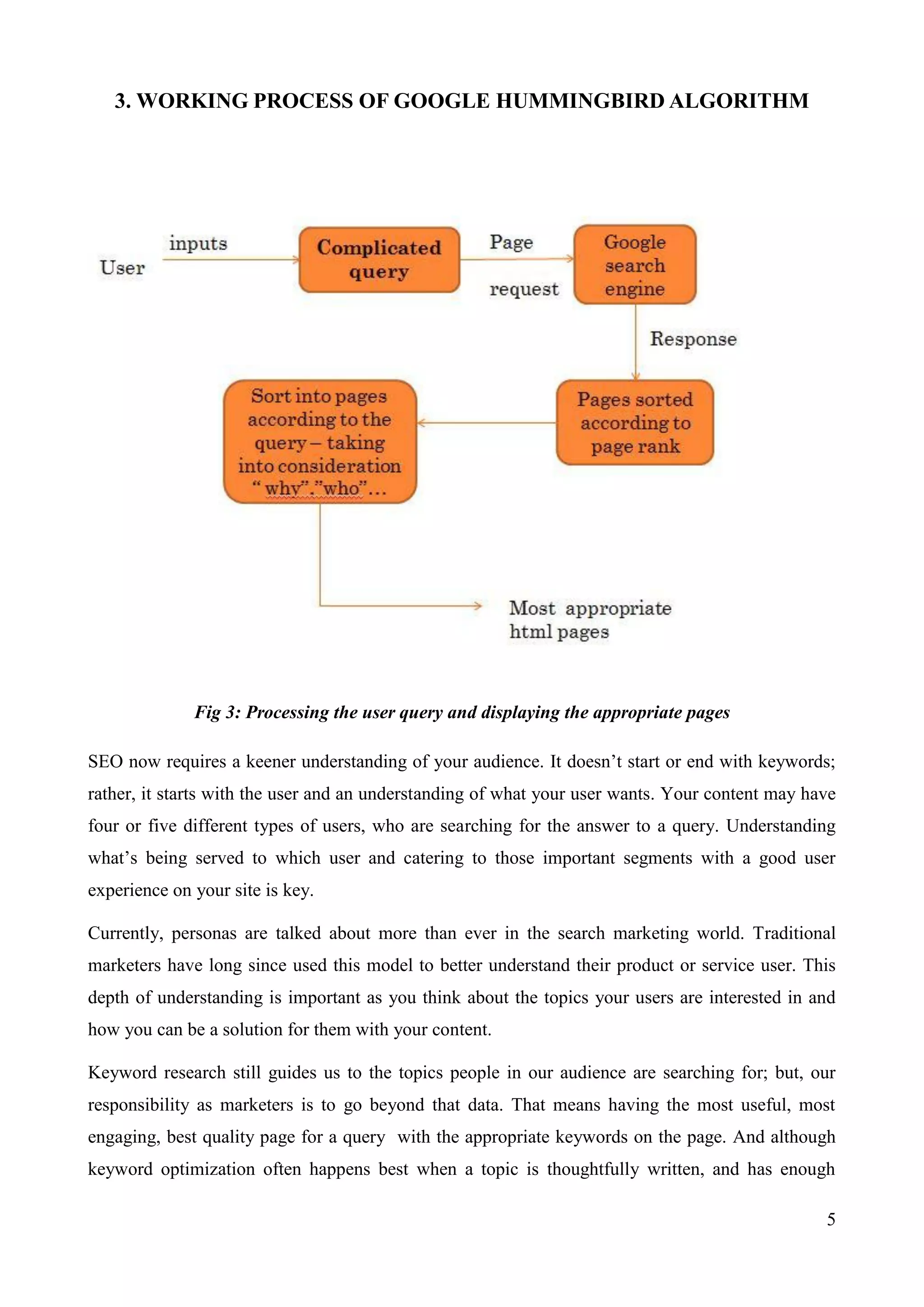 5 
3. WORKING PROCESS OF GOOGLE HUMMINGBIRD ALGORITHM 
Fig 3: Processing the user query and displaying the appropriate pages 
SEO now requires a keener understanding of your audience. It doesn‟t start or end with keywords; 
rather, it starts with the user and an understanding of what your user wants. Your content may have 
four or five different types of users, who are searching for the answer to a query. Understanding 
what‟s being served to which user and catering to those important segments with a good user 
experience on your site is key. 
Currently, personas are talked about more than ever in the search marketing world. Traditional 
marketers have long since used this model to better understand their product or service user. This 
depth of understanding is important as you think about the topics your users are interested in and 
how you can be a solution for them with your content. 
Keyword research still guides us to the topics people in our audience are searching for; but, our 
responsibility as marketers is to go beyond that data. That means having the most useful, most 
engaging, best quality page for a query with the appropriate keywords on the page. And although 
keyword optimization often happens best when a topic is thoughtfully written, and has enough 
 