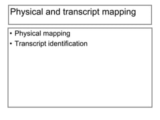 Physical and transcript mapping
• Physical mapping
• Transcript identification
 