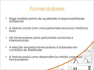 Fornecedores Exige matéria-prima de qualidade e responsabilidade ambiental A Natura conta com uma perfumista exclusiva Verônica Kato Há fornecedores para perfumaria nacionais e internacionais A relação empresa-fornecedores é baseada em contratos de fidelidade A Natura possui uma dependência média com seus fornecedores.  