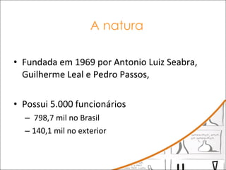 Fundada em 1969 por Antonio Luiz Seabra, Guilherme Leal e Pedro Passos,  Possui 5.000 funcionários 798,7 mil no Brasil  140,1 mil no exterior A natura 