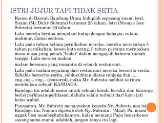 ISTRI JUJUR TAPI TIDAK SETIA
•   Konon di Daerah Bandung Utara hiduplah sepasang suami istri.
    Suami (Mr.Dicky Subrata) berumur 25 tahun. Istri (Nyonya Isye
    Subrata) berumur 20 tahun.
•   Lalu mereka berdua menjalani hidup dengan bahagia, rukun,
    makmur, damai sentosa.
•   Lalu pada tahun kelima pernikahan mereka. mereka merayakan 5
    tahun pernikahan. konon kata orang, 5 tahun pertama merupakan
    masa-masa yang penuh "badai" dalam mengayuh bahtera rumah
    tangga. Lalu mereka makan
•   malam bersama yang romantis di sebuah restaurant.
•   Lalu pada malam sepulang dari restaurant mereka bercerita-cerita.
    Sehabis bercerita-cerita, cubit-cubitan diatas ranjang dan ......
    eng..ing... eng... (censored), maka Mr. Subrata melihat istrinya
    membukan sebuah KANDAGA.
•   Kandaga itu adalah nama untuk sebuah kotak, berukir dan biasanya
    berisi perhiasan-perhiasan. dahulu selalu terbuat dari kayu jati
    kelas wahid.
•   Penasaran, Mr. Subrata menanyakan kepada Ny. Subrata apa isi
    Kandaga itu. Namun dijawab oleh Ny. Subrata : "Maaf, Pa, mami
    nggak bisa memberitahukannya. kalau memang Papa bener-bener
    sayang sama mami, udahlah, jangan tanya itu lagi.
 