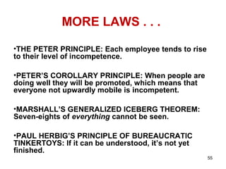 MORE LAWS . . .
•THE PETER PRINCIPLE: Each employee tends to rise
to their level of incompetence.
•PETER’S COROLLARY PRINCIPLE: When people are
doing well they will be promoted, which means that
everyone not upwardly mobile is incompetent.
•MARSHALL’S GENERALIZED ICEBERG THEOREM:
Seven-eights of everything cannot be seen.
•PAUL HERBIG’S PRINCIPLE OF BUREAUCRATIC
TINKERTOYS: If it can be understood, it’s not yet
finished.
55
 
