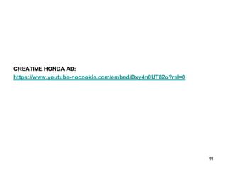 CREATIVE HONDA AD:
https://www.youtube-nocookie.com/embed/Dxy4n0UT82o?rel=0
11
 