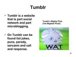 Tumblr
• Tumblr is a website
that is part social
network and part
microblogging.
• On Tumblr can be
found list jokes,
puns, parody,
sarcasm and call
and response.
58
Tumblr’s Mighty Pixie
(Teh Mighteh Pixeh)
 