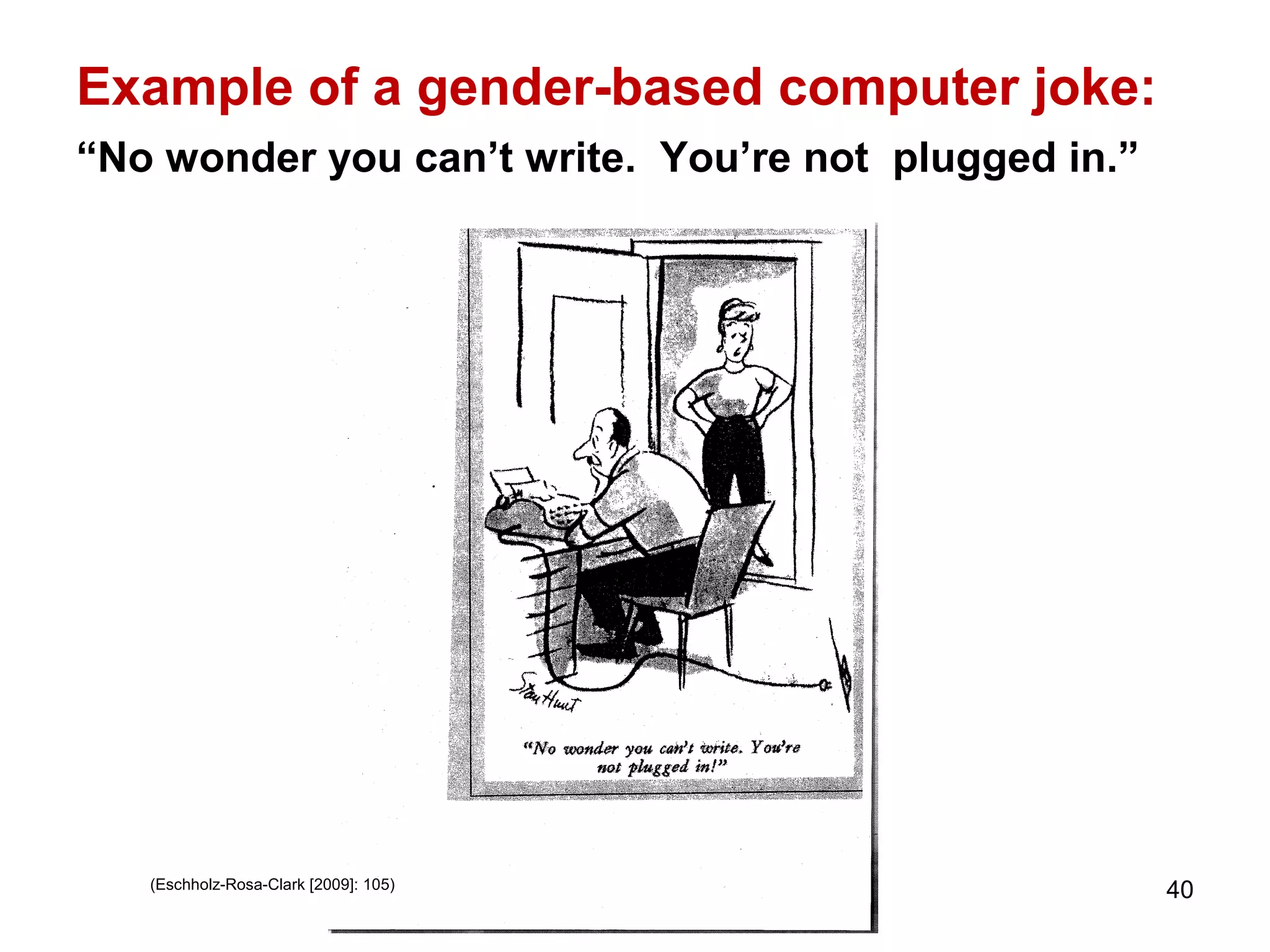 Example of a gender-based computer joke:
“No wonder you can’t write. You’re not plugged in.”
40(Eschholz-Rosa-Clark [2009]: 105)
 
