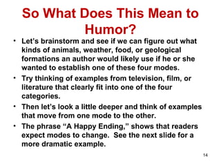 So What Does This Mean to
Humor?
• Let’s brainstorm and see if we can figure out what
kinds of animals, weather, food, or geological
formations an author would likely use if he or she
wanted to establish one of these four modes.
• Try thinking of examples from television, film, or
literature that clearly fit into one of the four
categories.
• Then let’s look a little deeper and think of examples
that move from one mode to the other.
• The phrase “A Happy Ending,” shows that readers
expect modes to change. See the next slide for a
more dramatic example.
14
 