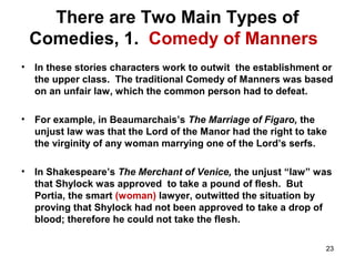 There are Two Main Types of
Comedies, 1. Comedy of Manners
• In these stories characters work to outwit the establishment or
the upper class. The traditional Comedy of Manners was based
on an unfair law, which the common person had to defeat.
• For example, in Beaumarchais’s The Marriage of Figaro, the
unjust law was that the Lord of the Manor had the right to take
the virginity of any woman marrying one of the Lord’s serfs.
• In Shakespeare’s The Merchant of Venice, the unjust “law” was
that Shylock was approved to take a pound of flesh. But
Portia, the smart (woman) lawyer, outwitted the situation by
proving that Shylock had not been approved to take a drop of
blood; therefore he could not take the flesh.
23
 