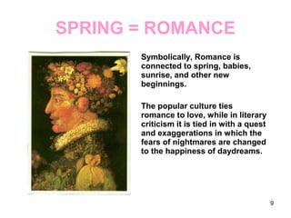 SPRING = ROMANCE
Symbolically, Romance is
connected to spring, babies,
sunrise, and other new
beginnings.
The popular culture ties
romance to love, while in literary
criticism it is tied in with a quest
and exaggerations in which the
fears of nightmares are changed
to the happiness of daydreams.
9
 