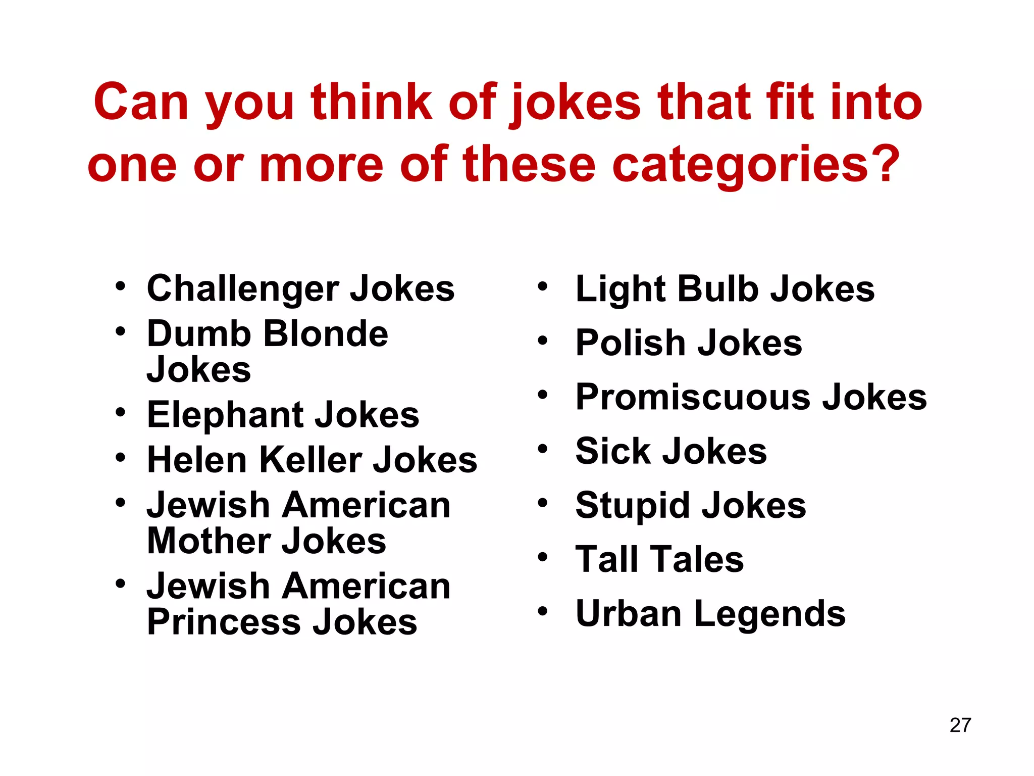 Can you think of jokes that fit into 
one or more of these categories? 
• Challenger Jokes 
• Dumb Blonde 
Jokes 
• Elephant Jokes 
• Helen Keller Jokes 
• Jewish American 
Mother Jokes 
• Jewish American 
Princess Jokes 
• Light Bulb Jokes 
• Polish Jokes 
• Promiscuous Jokes 
• Sick Jokes 
• Stupid Jokes 
• Tall Tales 
• Urban Legends 
27 
 