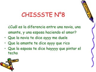 CHISSSTE N°8 ¿Cuál es la diferencia entre una novia, una amante, y una esposa haciendo el amor? Que la novia te dice ayyy me duele  Que la amante te dice ayyy que rico  Que la esposa te dice hayyyy que pintar el techo  