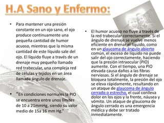 • Para mantener una presión
constante en un ojo sano, el ojo
produce continuamente una
pequeña cantidad de humor
acuoso, mientras que la misma
cantidad de este líquido sale del
ojo. El líquido fluye a través de un
drenaje muy pequeño llamado
red trabecular, una compleja red
de células y tejidos en un área
llamada ángulo de drenaje.
• “En condiciones normales la PIO
se encuentra entre unos límites
de 10 a 21mmHg, siendo su valor
medio de 15a 16 mm Hg.”
• El humor acuoso no fluye a través de
la red trabecular correctamente. Si el
ángulo de drenaje se vuelve menos
eficiente en drenar el líquido, como
en un glaucoma de ángulo abierto
común, el exceso de líquido no puede
salir del ojo correctamente, haciendo
que la presión intraocular (PIO)
aumente. Con el tiempo, una PIO
elevada causa daños a las fibras
nerviosas. Si el ángulo de drenaje se
bloquea totalmente, la presión del ojo
se eleva rápidamente, resultando en
un ataque de glaucoma de ángulo
cerrado o estrecho, el cual conlleva
dolor en los ojos y la frente, náusea y
vómito. Un ataque de glaucoma de
ángulo cerrado es una emergencia
médica y debe ser tratado
inmediatamente.
 