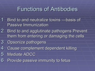 Functions of Antibodies
1 Bind to and neutralize toxins —basis of
    Passive Immunization
2   Bind to and agglutinate pathogens Prevent
    them from entering or damaging the cells
3   Opsonize pathogens
4   Cause complement dependent killing
5   Mediate ADCC
6   Provide passive immunity to fetus
 