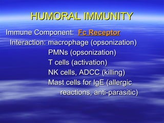 HUMORAL IMMUNITY Immune Component:  Fc Receptor Interaction: macrophage (opsonization) PMNs (opsonization) T cells (activation) NK cells, ADCC (killing) Mast cells for IgE (allergic  reactions, anti-parasitic) 