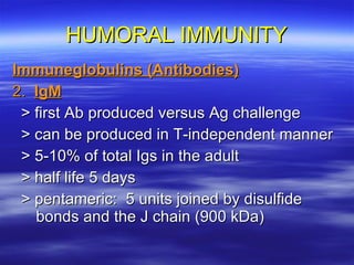 HUMORAL IMMUNITY Immuneglobulins (Antibodies) 2.  IgM > first Ab produced versus Ag challenge > can be produced in T-independent manner > 5-10% of total Igs in the adult > half life 5 days > pentameric:  5 units joined by disulfide bonds and the J chain (900 kDa) 