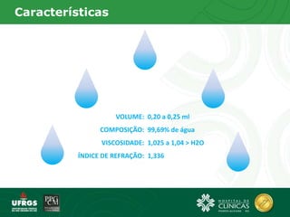Características
VOLUME:
COMPOSIÇÃO:
VISCOSIDADE:
ÍNDICE DE REFRAÇÃO:
0,20 a 0,25 ml
99,69% de água
1,025 a 1,04 > H2O
1,336
 